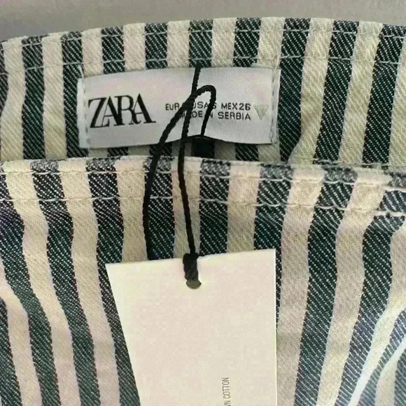 Zara Stripped Denim Crop Top Blue Navy White Square Neckline Side Zipper Size  S - Picture 10 of 10